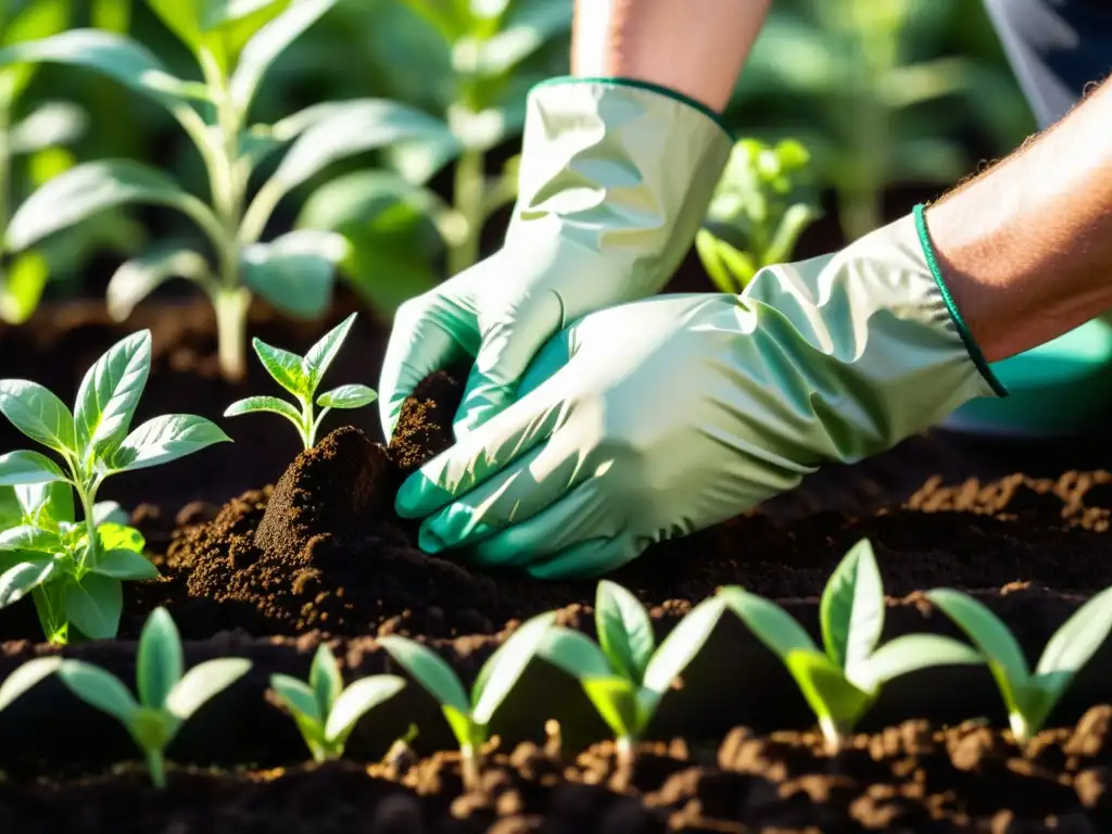 Un par de manos con guantes aplican fertilizante orgánico a plantas verdes en un jardín