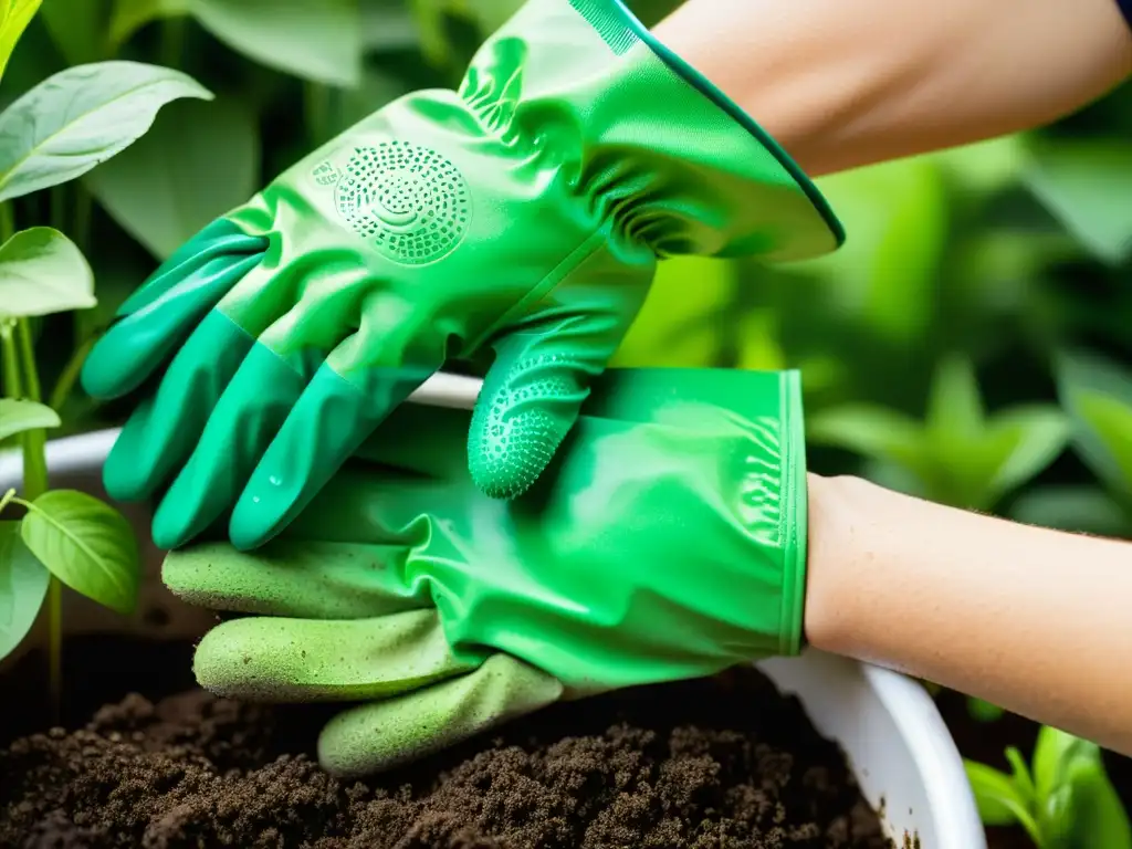 Un par de manos con guantes de jardinería limpian suavemente una herramienta sucia con un limpiador ecológico, en un entorno sereno de jardín