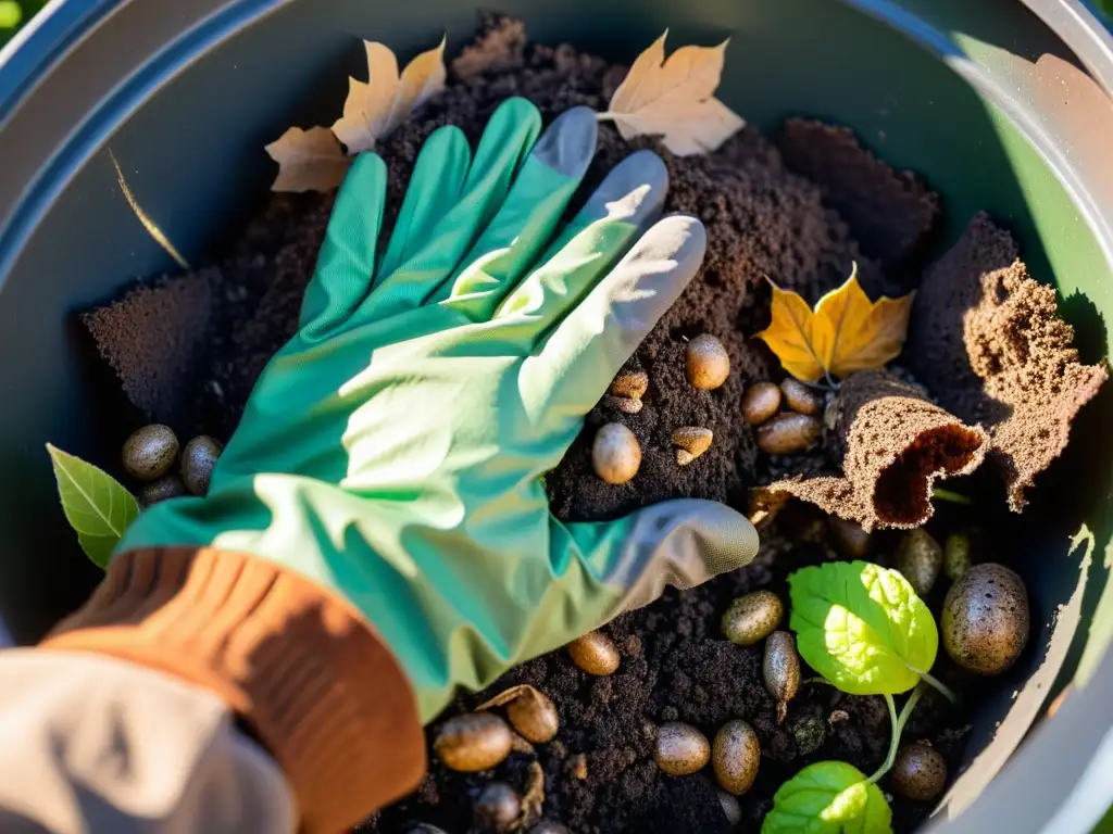 Un par de manos con guantes de jardinería crean capas de materiales orgánicos en un compostaje sostenible