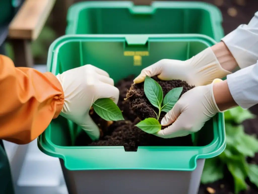 Un par de manos con guantes separando cuidadosamente materiales compostables en contenedores designados