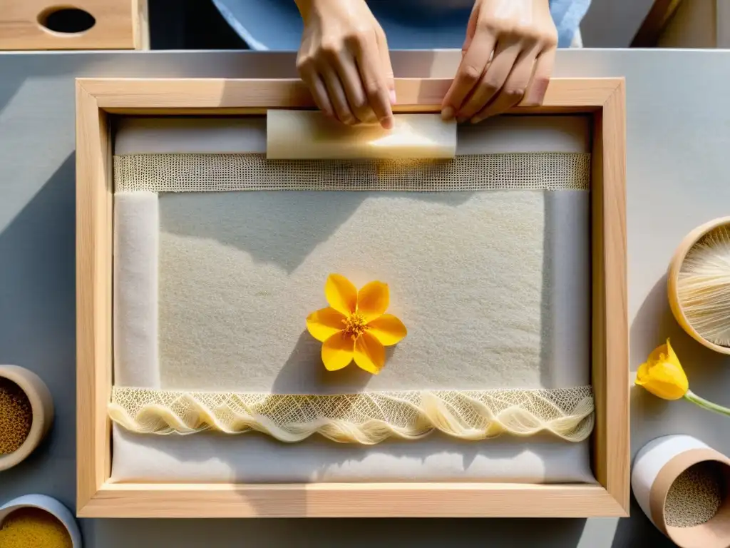 Un par de manos sumergen un marco de madera en agua pulposa con pétalos, creando papel reciclado en casa