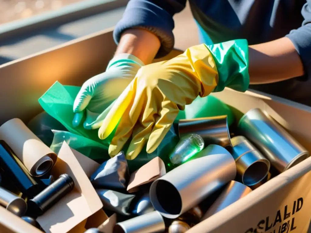 Un par de manos protegidas ordenan con cuidado materiales reciclables, transmitiendo la esencia de mejorar reciclaje hogar sostenible