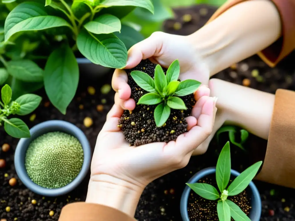 Un par de manos seleccionan cuidadosamente semillas orgánicas de una planta vibrante para compostaje hogar