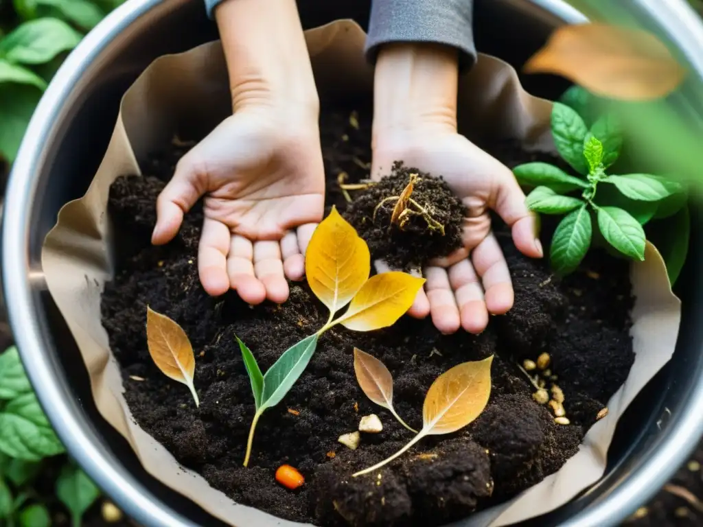 Un par de manos cuidadosamente crean un sistema de compostaje efectivo en casa, con capas de desechos orgánicos, hojas secas y tierra en un contenedor