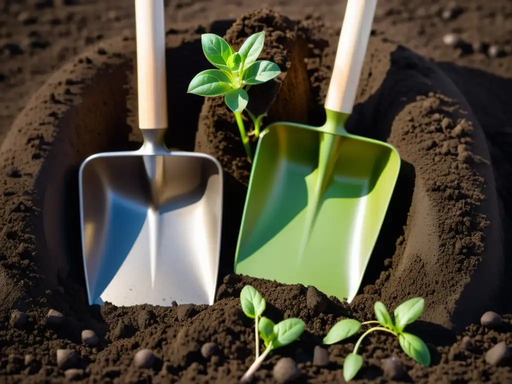 Biodegradables herramientas de jardinería en suelo fértil Par de palas biodegradables descansando sobre suelo fértil, con brotes verdes, evocando los beneficios de las palas biodegradables en el huerto