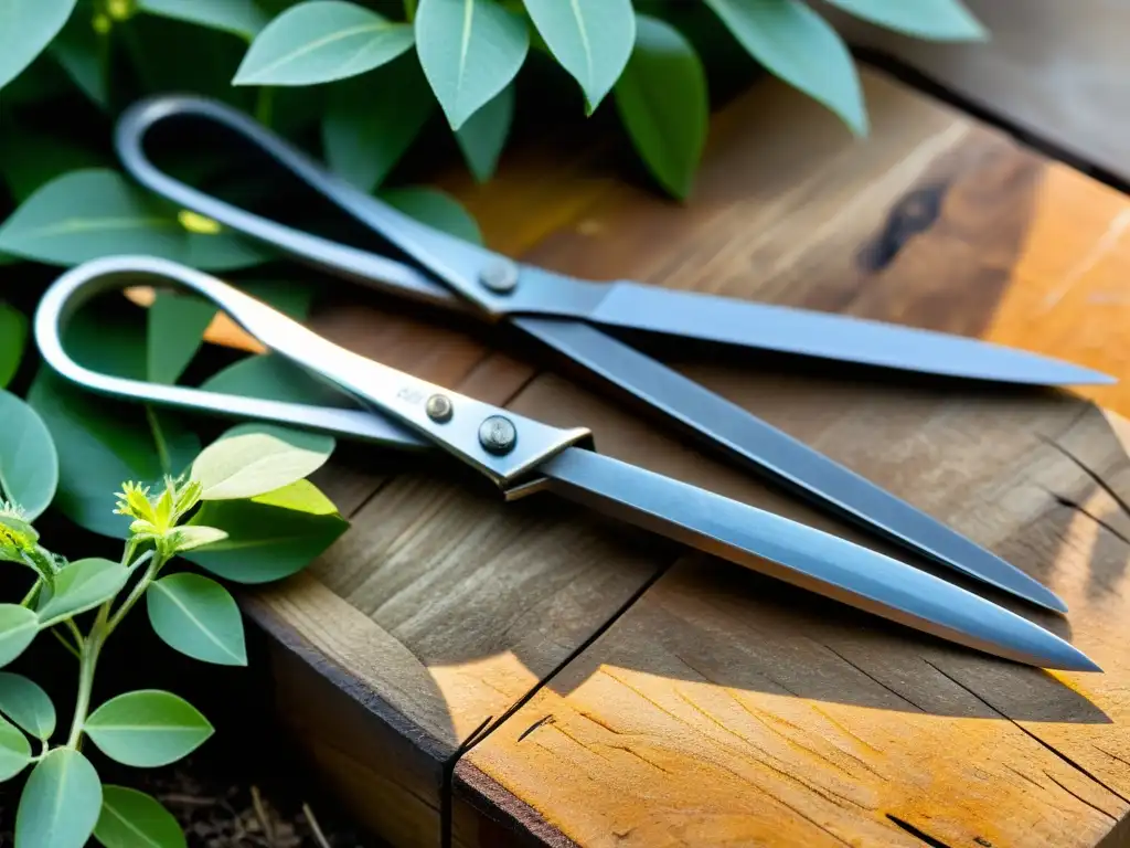 Un par de tijeras de jardinería recicladas, con detalles en acero y madera, reflejando su artesanía y sostenibilidad