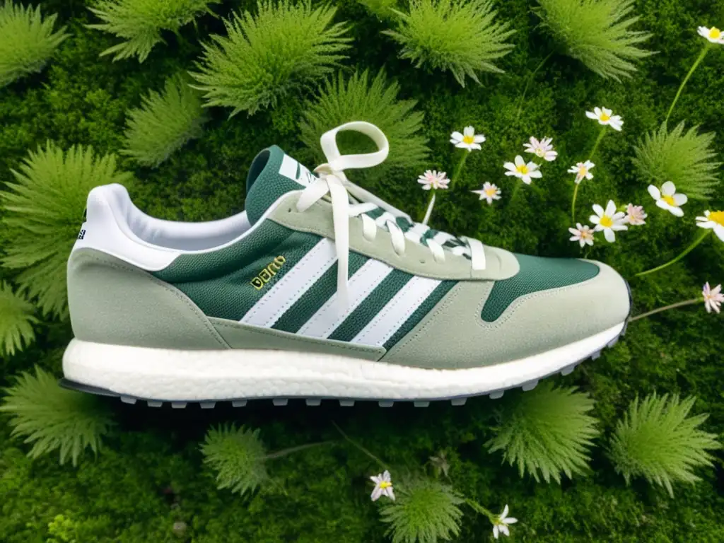 Un par de zapatillas Adidas blancas descansando sobre musgo verde exuberante, rodeadas de flores silvestres