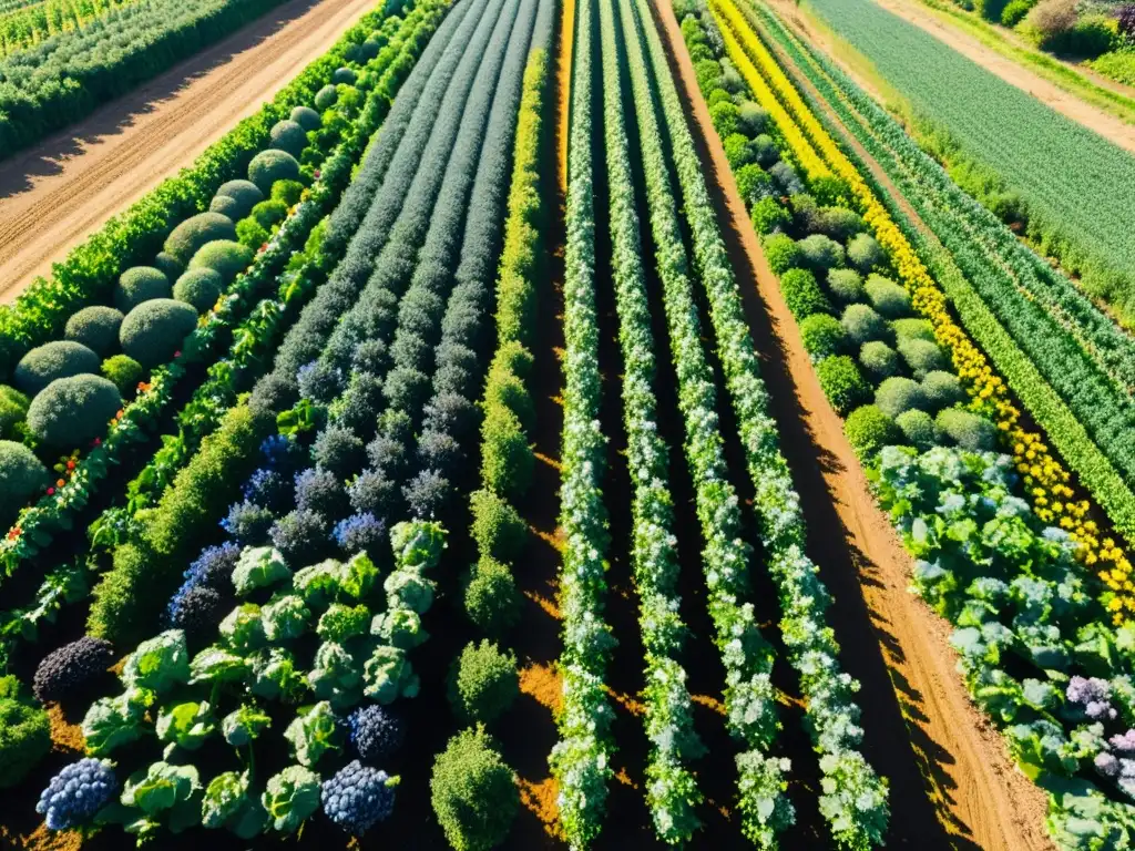 Un paraíso de productos ecológicos: granja orgánica con frutas y verduras coloridas, abejas revoloteando y un arroyo bajo el cielo azul