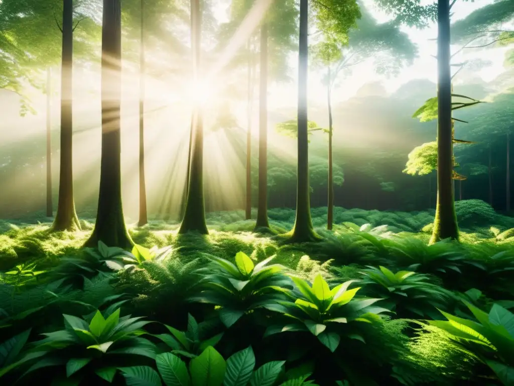 Un paraíso verde y sereno con luz solar filtrándose entre las hojas