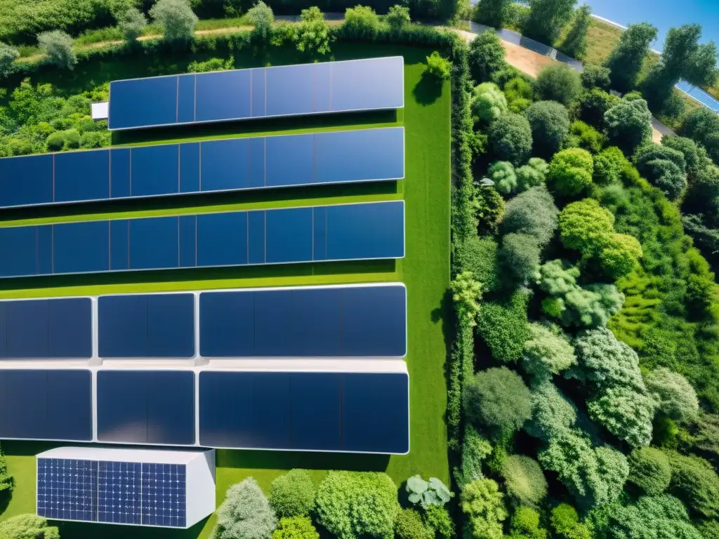 Un parque tecnológico verde futurista con edificios sostenibles y naturaleza exuberante, ideal para invertir en tecnologías verdes