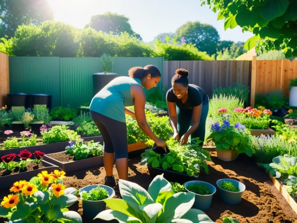 Participación diversa en compostaje comunitario en un jardín vibrante y acogedor