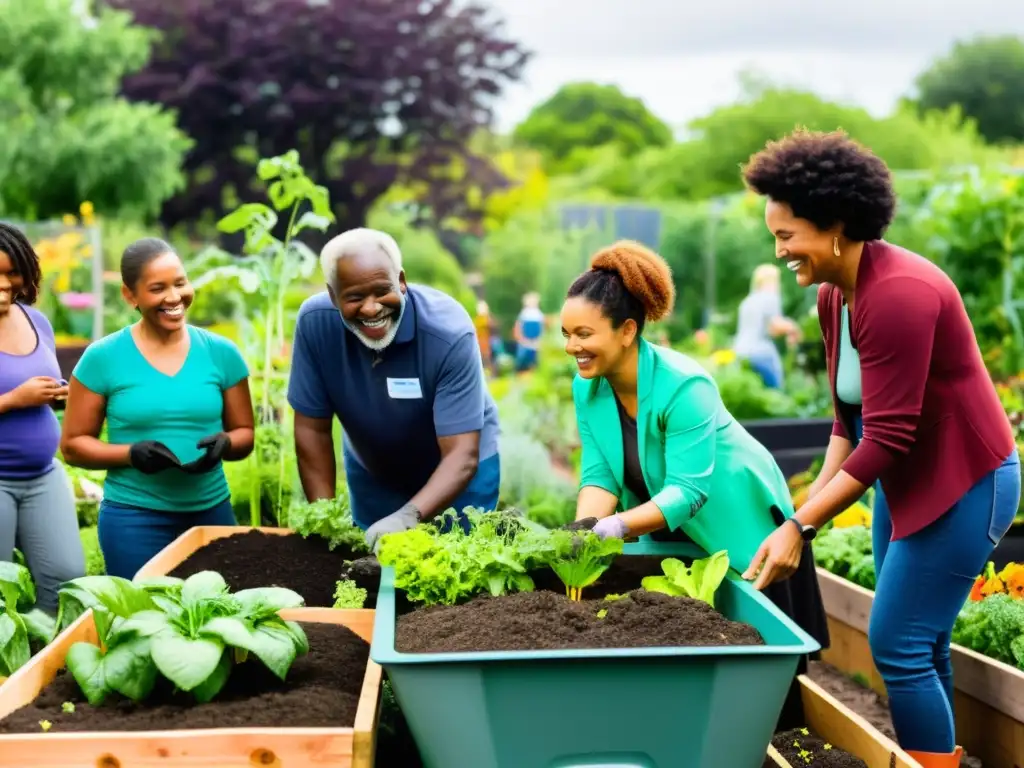 Participación diversa en compostaje comunitario: Un jardín comunitario donde personas de todas las edades, etnias y habilidades colaboran felices