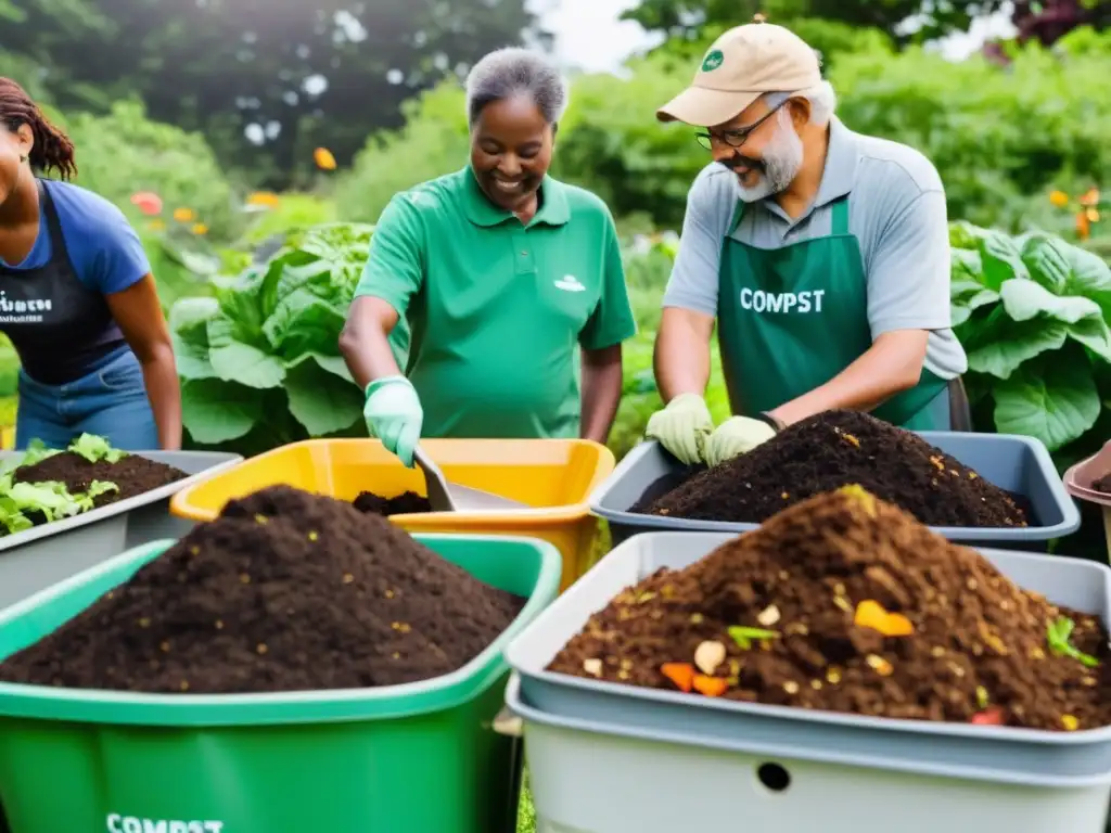 'Participación diversa en compostaje comunitario: Colaboración y unidad en un jardín comunitario con diversos miembros compostando juntos