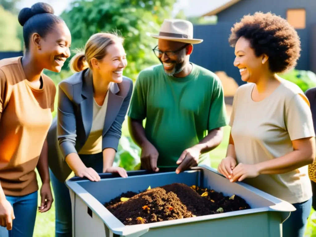 Participación diversa en compostaje comunitario: Comunidad sonriente, unida alrededor del compostaje, entre flores y naturaleza