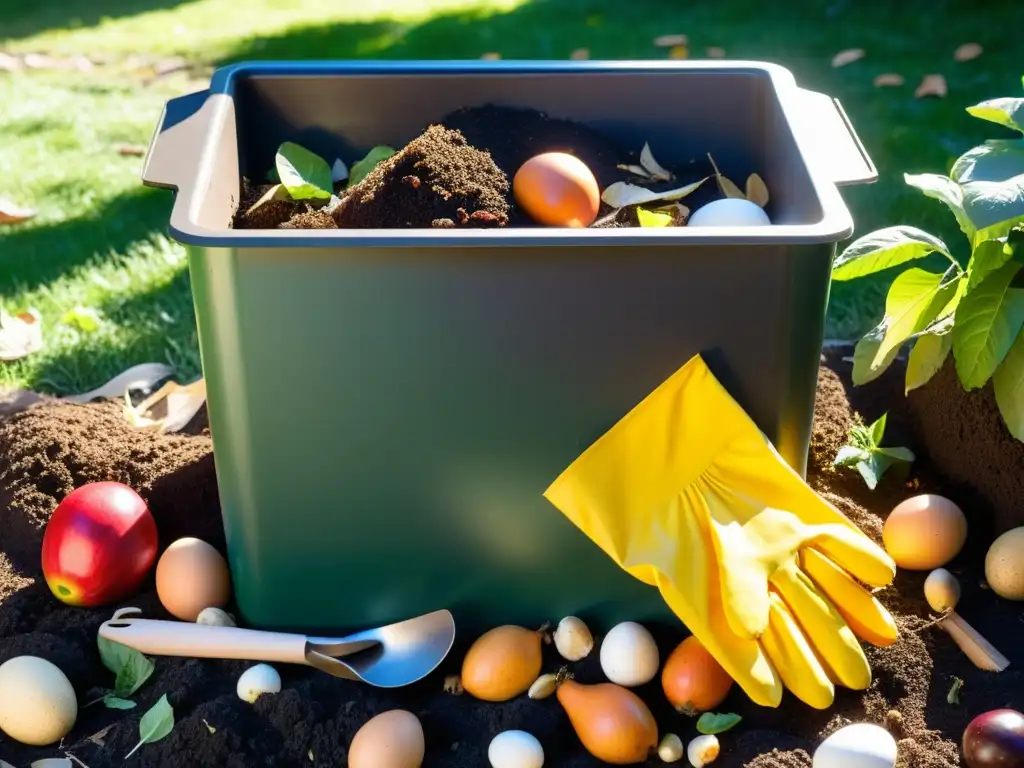 Participación familiar en compostaje doméstico: Un próspero montón de compost en el jardín con desechos de frutas, hojas y herramientas de jardinería