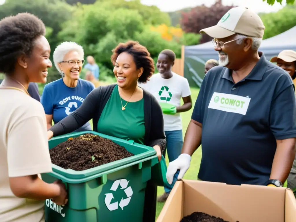 Participantes de todas las edades y orígenes separando desechos orgánicos en un evento comunitario de compostaje y reciclaje