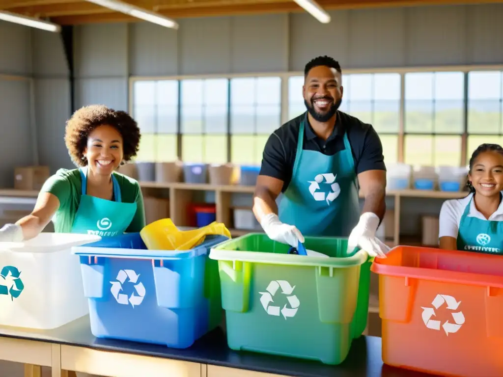 'Participantes felices colaboran en programa reciclaje plásticos barrio, en centro reciclaje organizado y luminoso