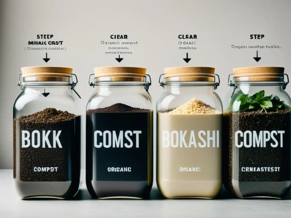 Guía paso a paso para hacer compost Bokashi: orgánico y minimalista Guía paso a paso para técnicas de compostaje Bokashi en el hogar, con contenedores, materiales orgánicos y flechas indicativas