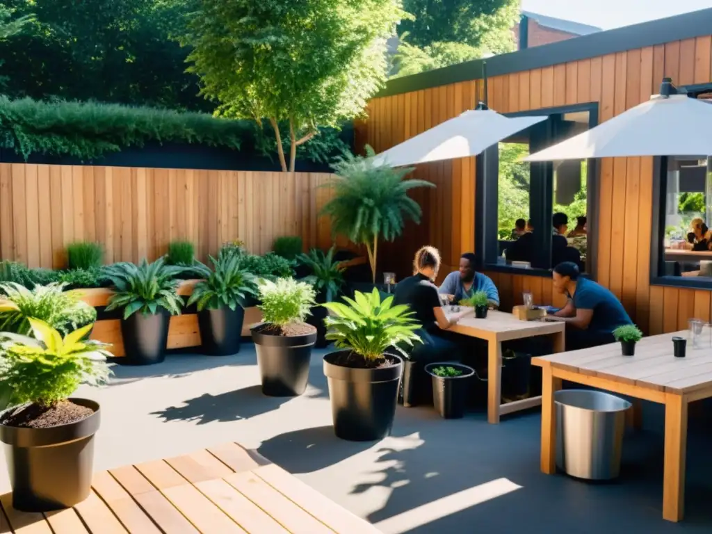 Un patio de café animado con muebles modernos y plantas en macetas
