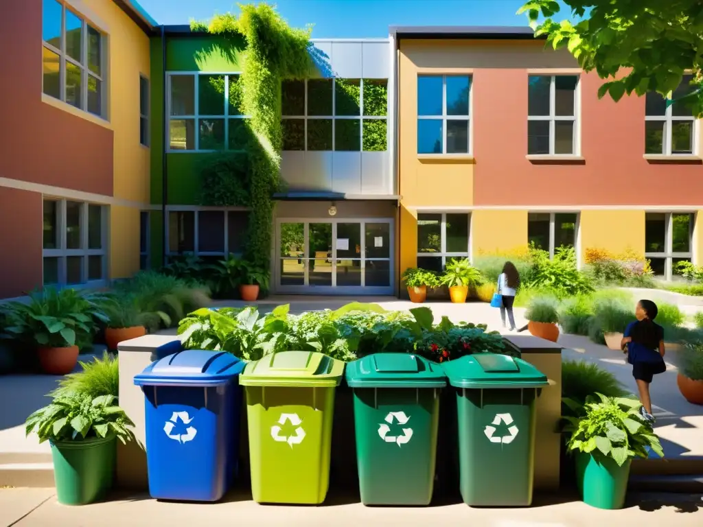 Un patio escolar lleno de plantas verdes y contenedores de reciclaje coloridos