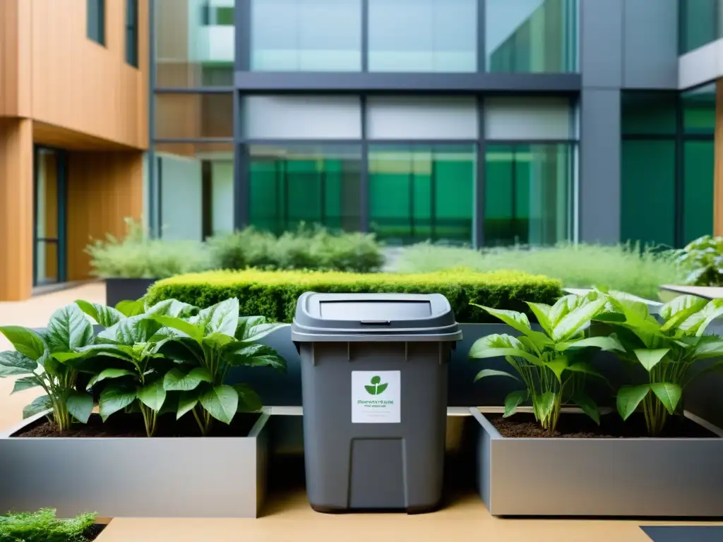 Un patio hospitalario sereno, con plantas verdes exuberantes y un contenedor de compostaje, rodeado de arquitectura moderna y luz natural