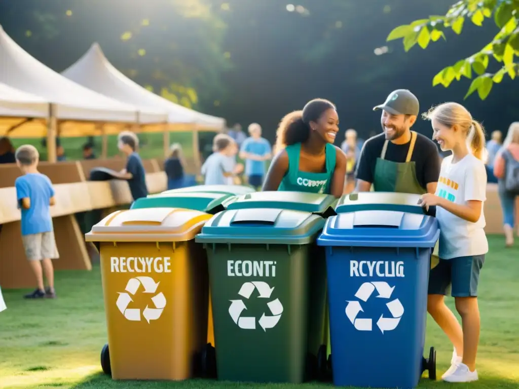Patrocinio eventos ecológicos compostaje: Comunidad unida en actividad de reciclaje y compostaje al aire libre, bañada por cálida luz dorada