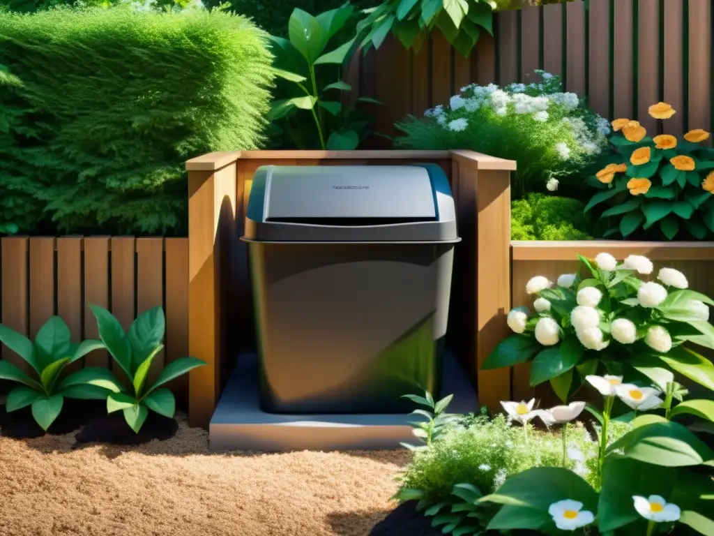 Un rincón de paz en un jardín sostenible, con un compostador rodeado de exuberante vegetación y flores