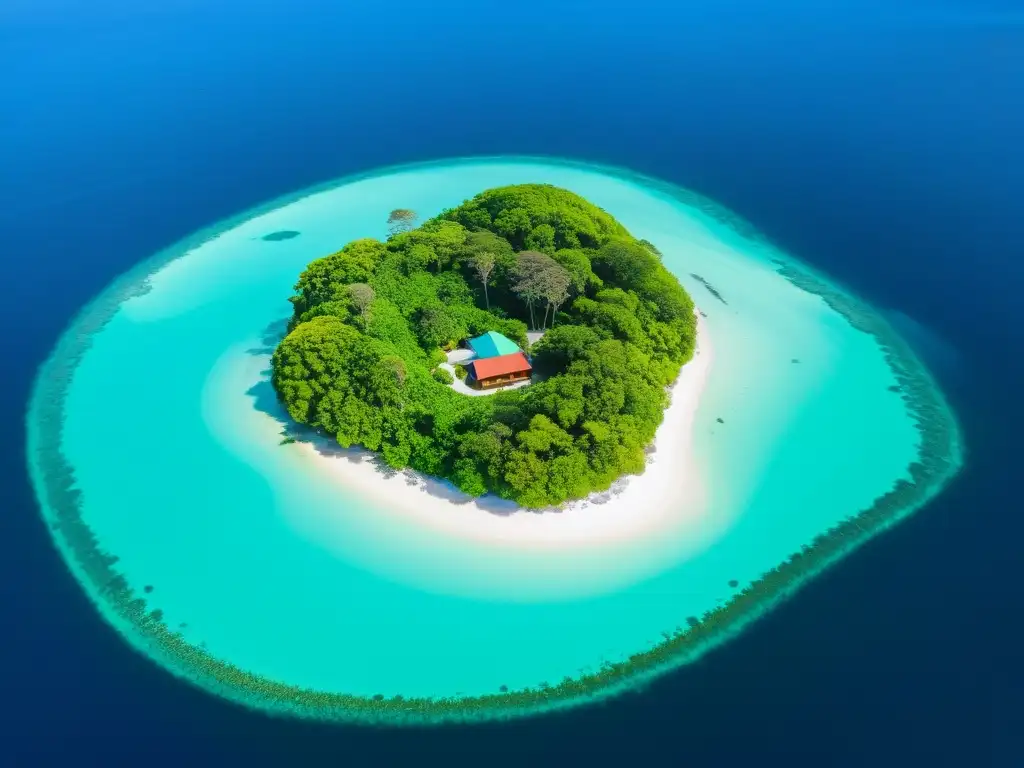 Pequeña isla sostenible con prácticas de compostaje en hogares rodeada de aguas cristalinas y hogares coloridos entre exuberante vegetación