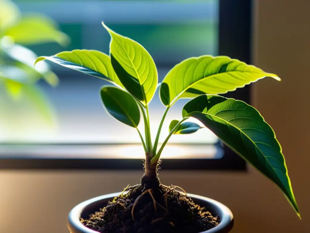 Pequeña planta de interior con hojas verdes vibrantes en maceta, iluminada por el sol