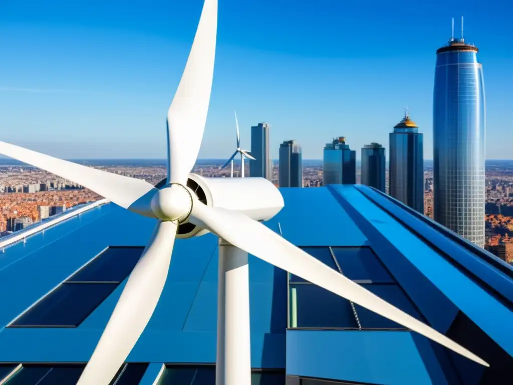 Una pequeña turbina eólica urbana captura la energía del viento en lo alto de un edificio de la ciudad, mostrando innovación y sostenibilidad