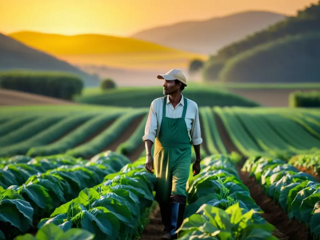 Un pequeño agricultor cuida con dedicación un campo de cultivos bajo la luz dorada del atardecer, mostrando los beneficios del apoyo a productores