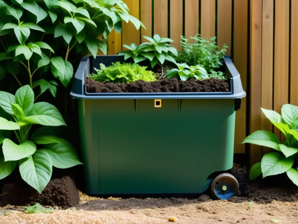 Un pequeño contenedor de compostaje en un jardín urbano organizado, rodeado de plantas verdes vibrantes