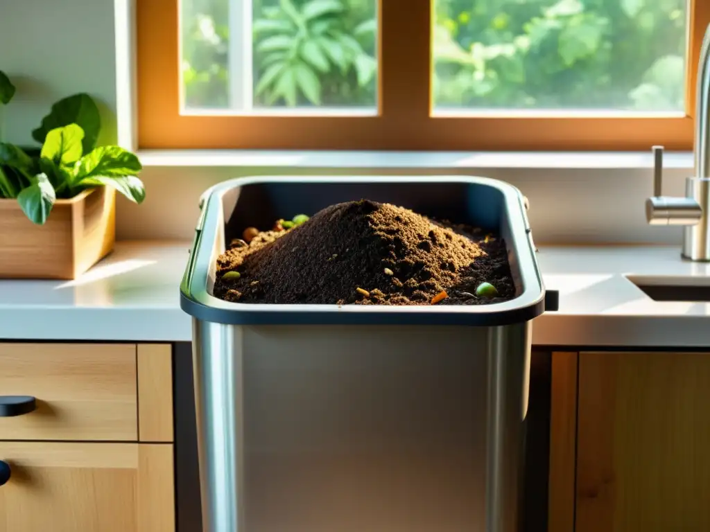 Un pequeño y ordenado contenedor de compost en una cocina moderna, con ricos colores y texturas de materia orgánica en descomposición