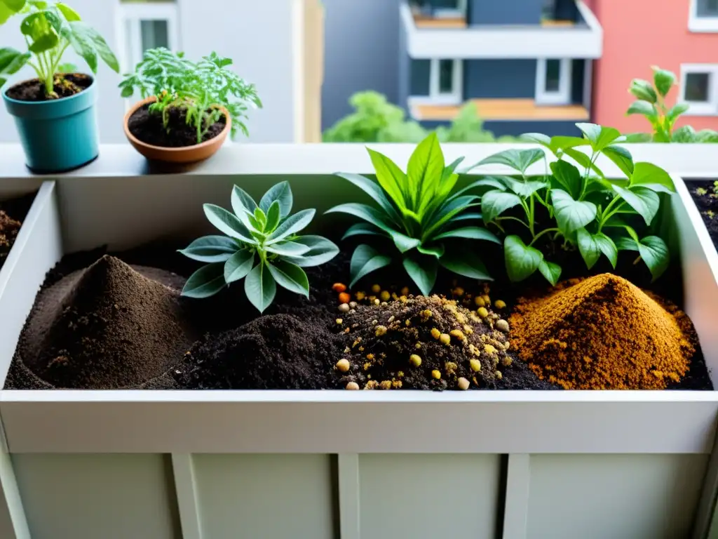 Un pequeño balcón rebosante de plantas en macetas y compostaje