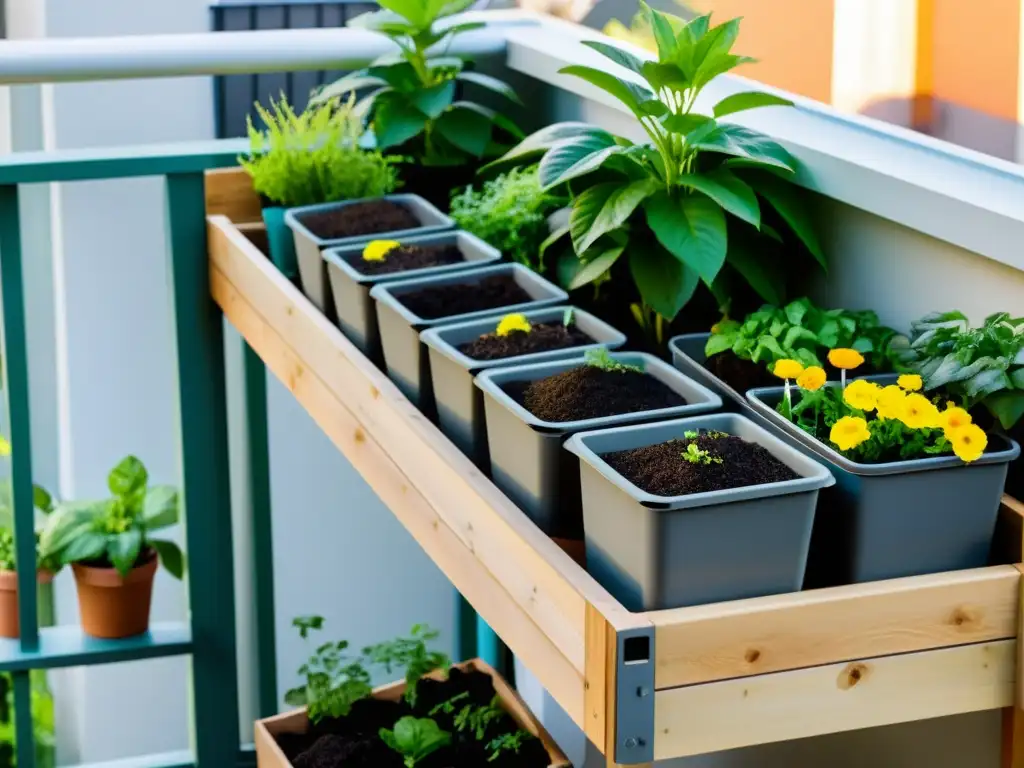 Pequeño jardín urbano en el balcón con compostaje urbano en el hogar, rodeado de plantas verdes y flores vibrantes bajo la cálida luz del sol