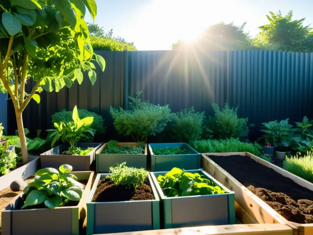 Jardín de permacultura exuberante con camas elevadas de vegetales y hierbas