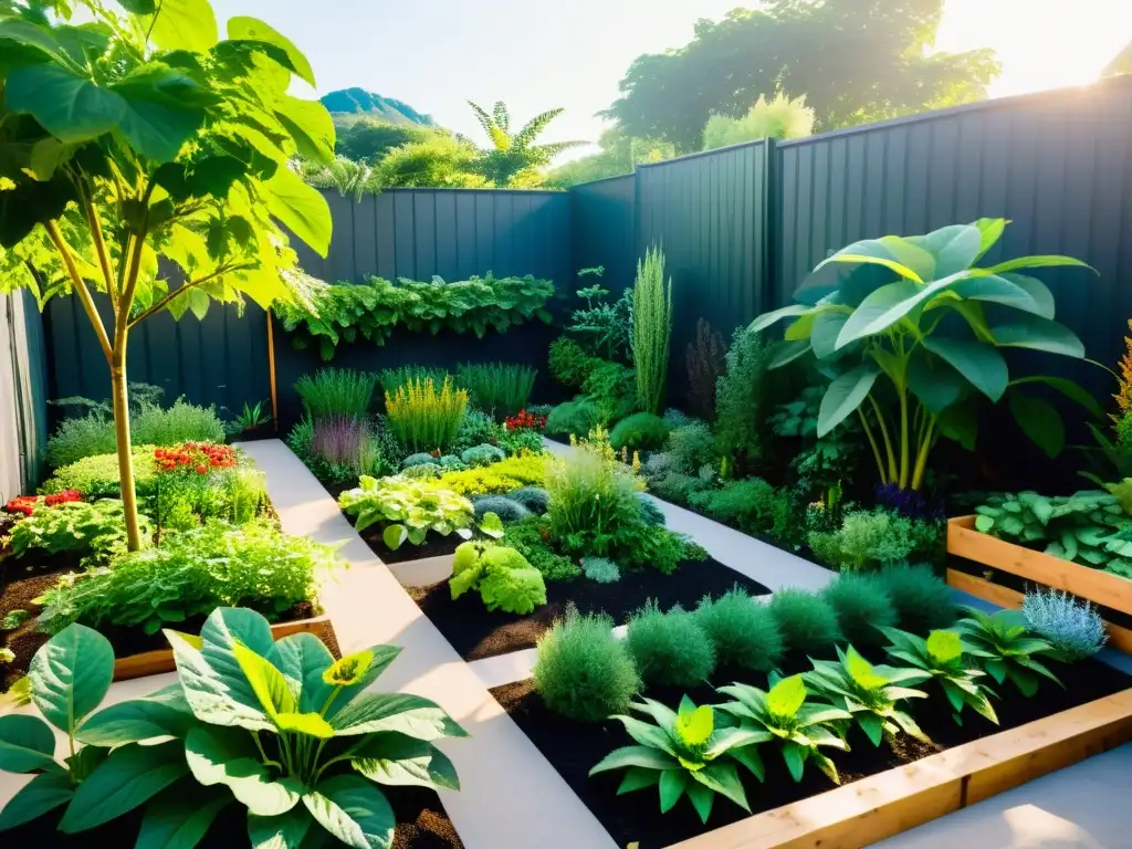 Un jardín de permacultura exuberante con plantas vibrantes y variadas, integración de sistemas sostenibles permacultura