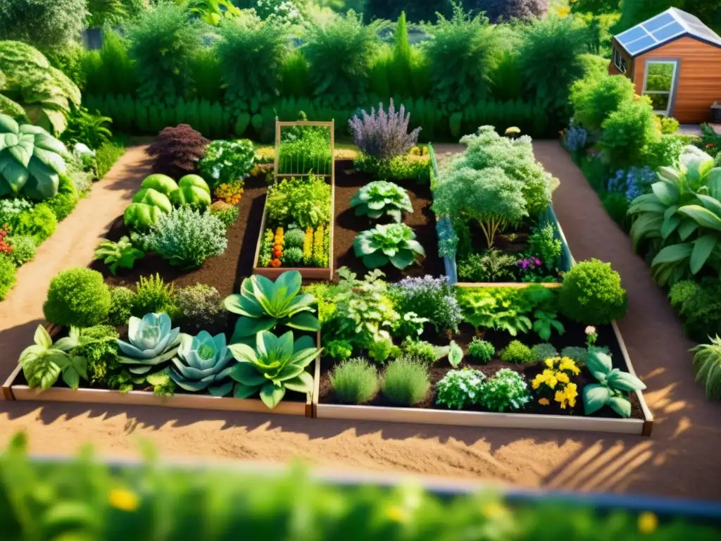 Jardín de permacultura con integración de sistemas sostenibles y gran diversidad de plantas, frutas y verduras