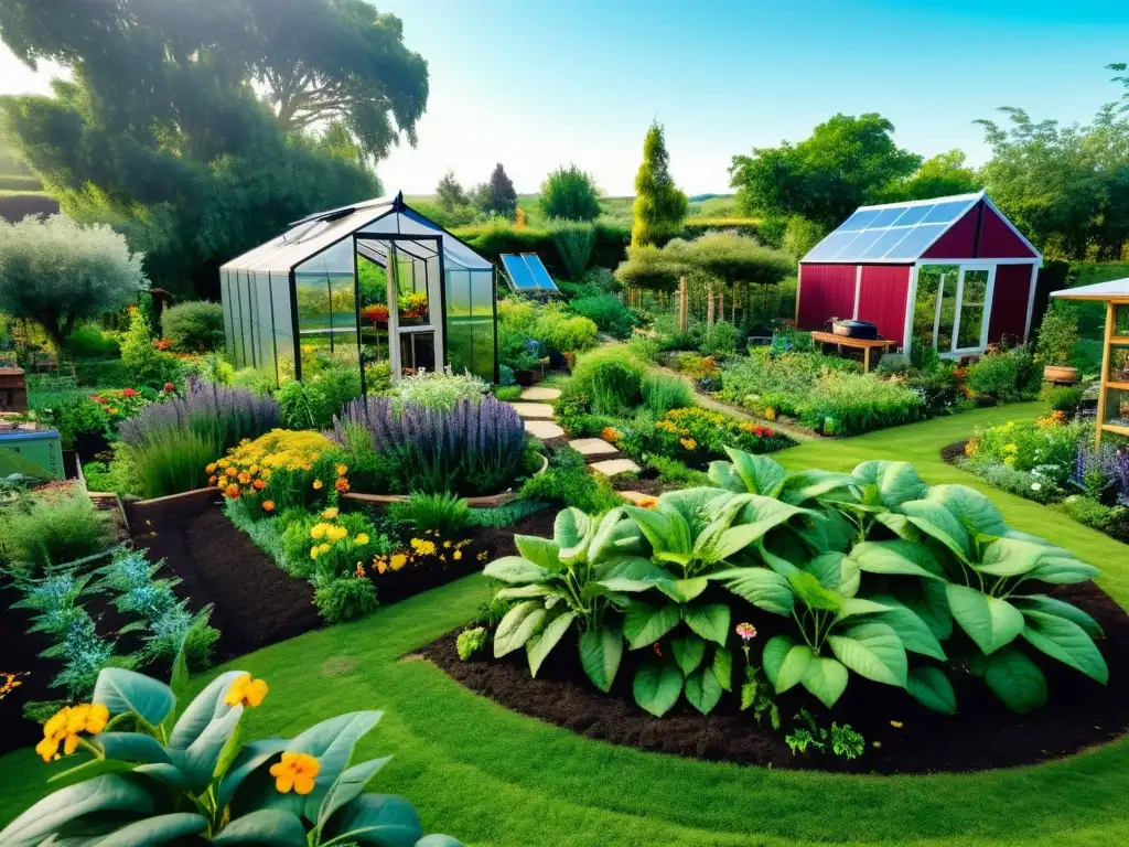 Un jardín permacultural próspero, con plantas exuberantes en armonioso diseño sostenible