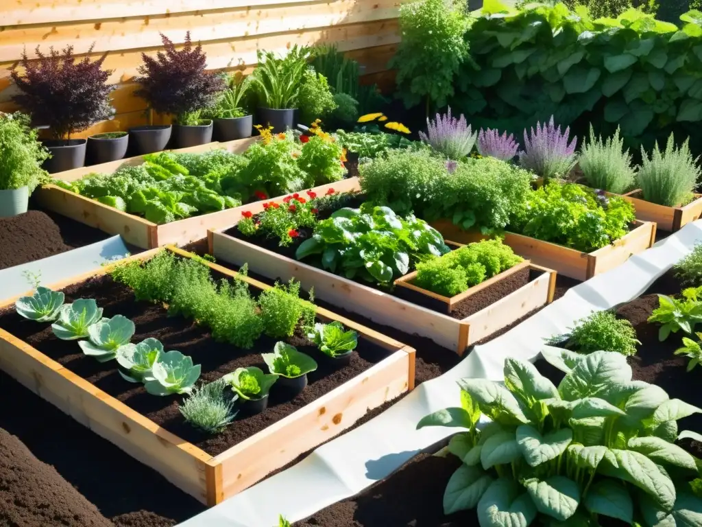 Un jardín permacultural sostenible rebosante de vida y color, con camas elevadas ordenadas, plantas saludables y un sistema de captación de agua