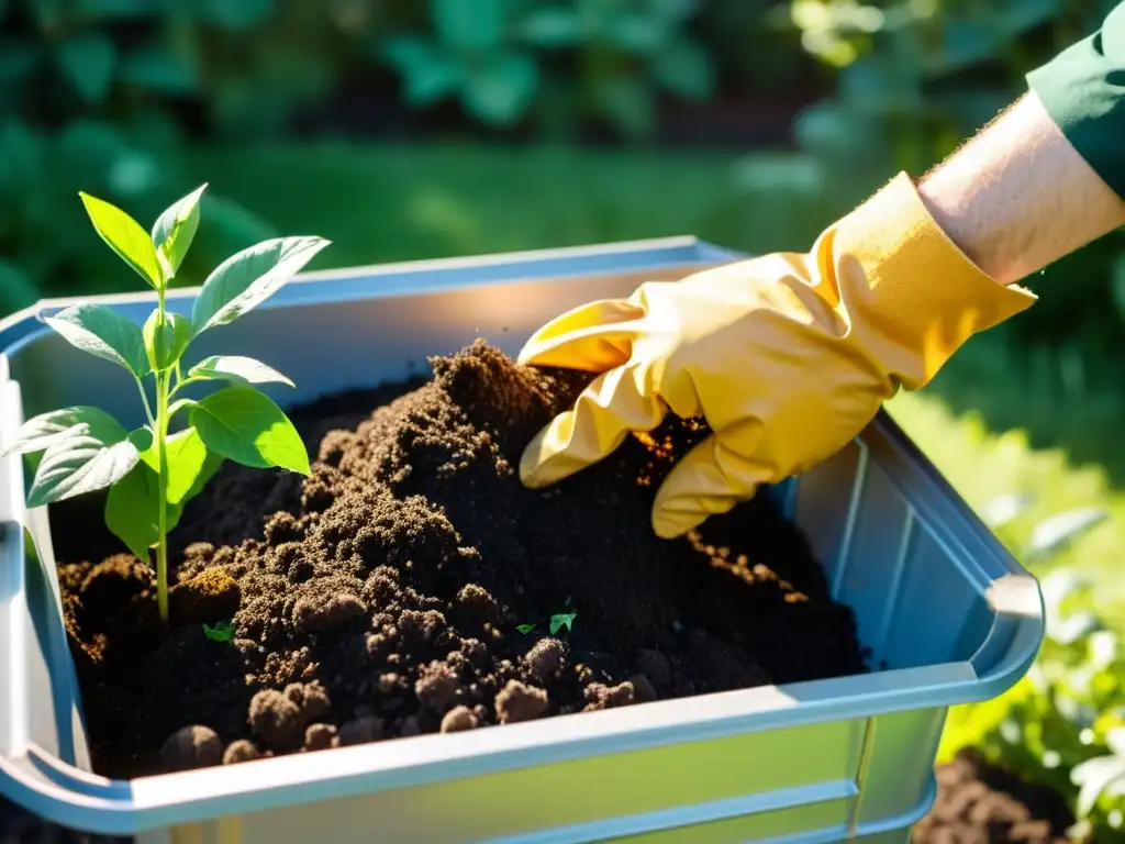 Activador de compost casero en acción: fertilizando la tierra Persona aplica activador compostaje casero natural a desechos orgánicos en compostera, entre sombras y luz filtrada
