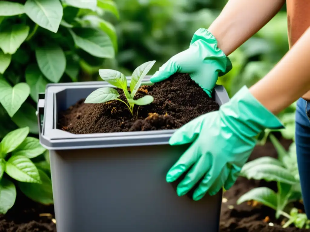 Persona realizando actividades prácticas para compostaje en casa rodeada de plantas exuberantes y cuidando una compostera