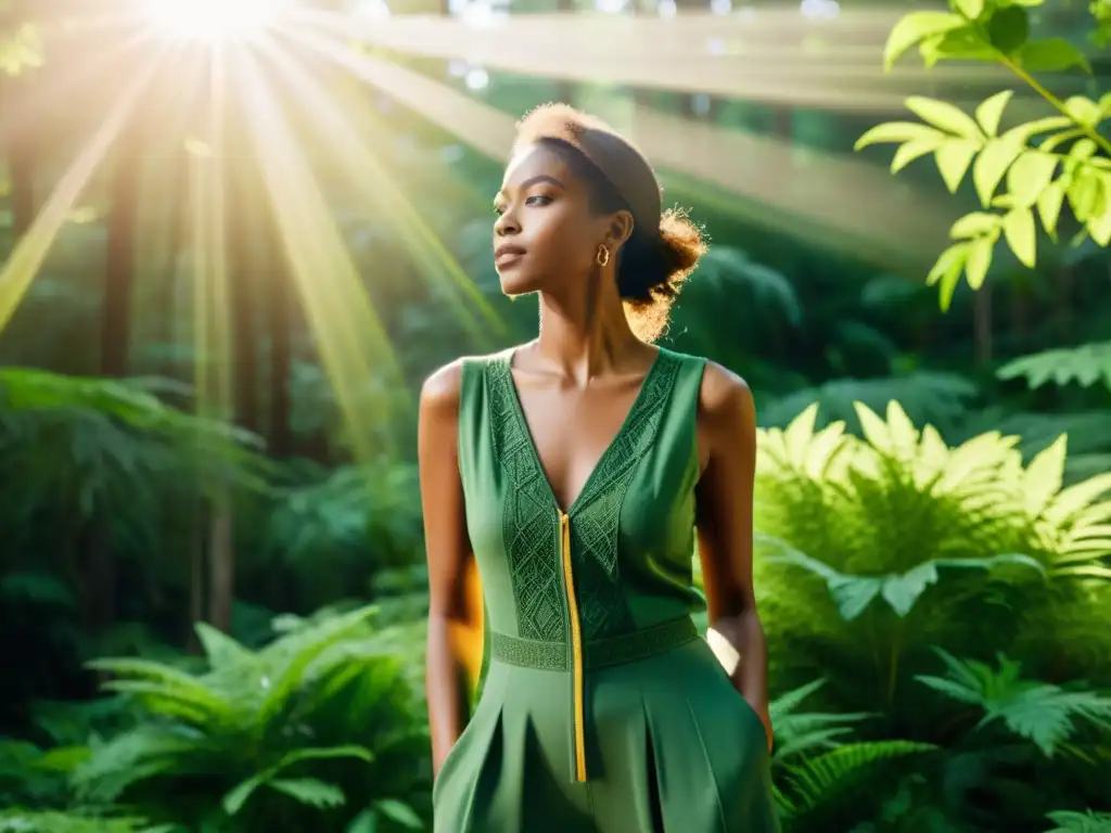 Moda sostenible en el bosque: estilo eco-chic Persona con atuendo sostenible en bosque, evocando el impacto ambiental de la ropa de segunda mano