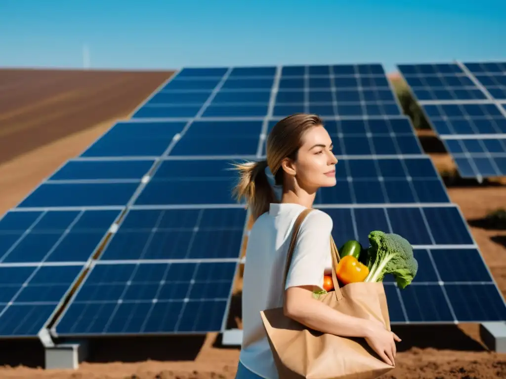 Una persona sosteniendo una bolsa de compras reutilizable llena de productos frescos, frente a paneles solares con cielo azul