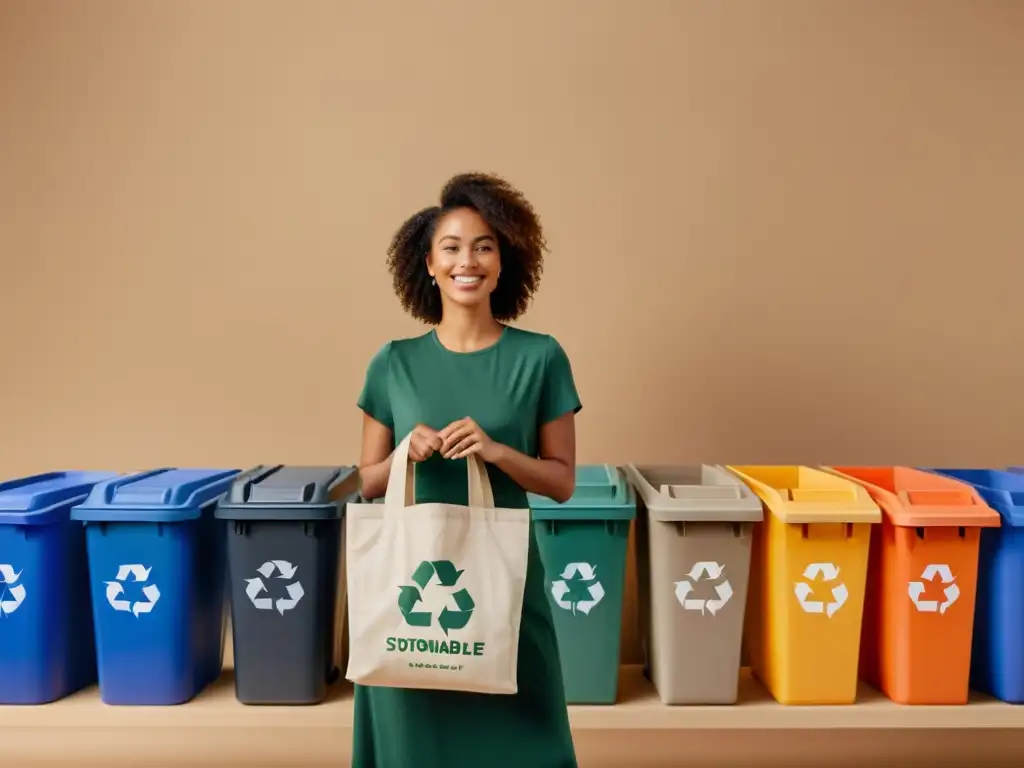 Una persona sosteniendo una bolsa reutilizable llena de productos ecológicos, frente a contenedores de reciclaje