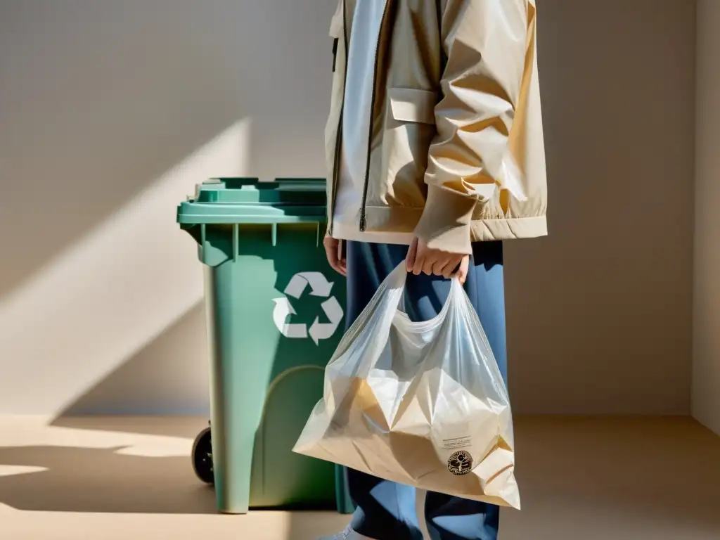 Persona sosteniendo bolsa transparente llena de papel arrugado frente a contenedor de reciclaje