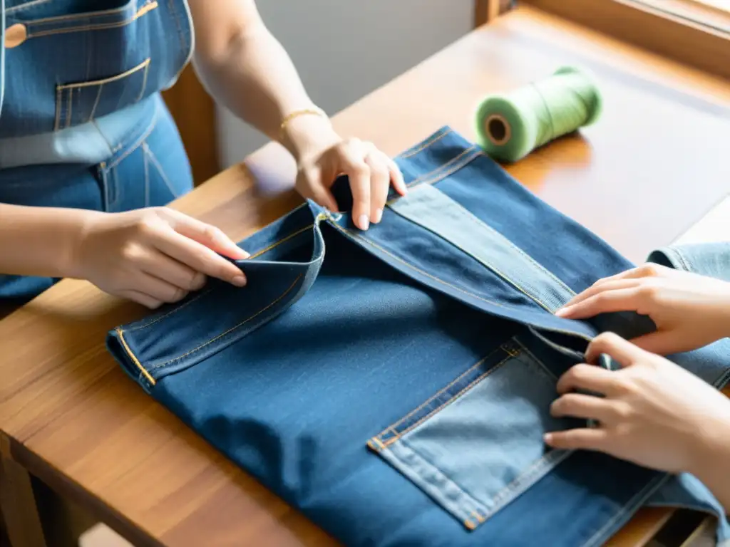 Persona cosiendo y customizando jeans para crear bolsa única, con luz solar resaltando detalles