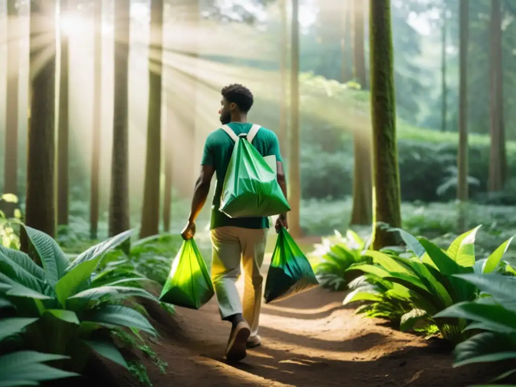 Una persona lleva bolsas reutilizables caminando por un bosque, vistiendo ropa sostenible, irradiando paz