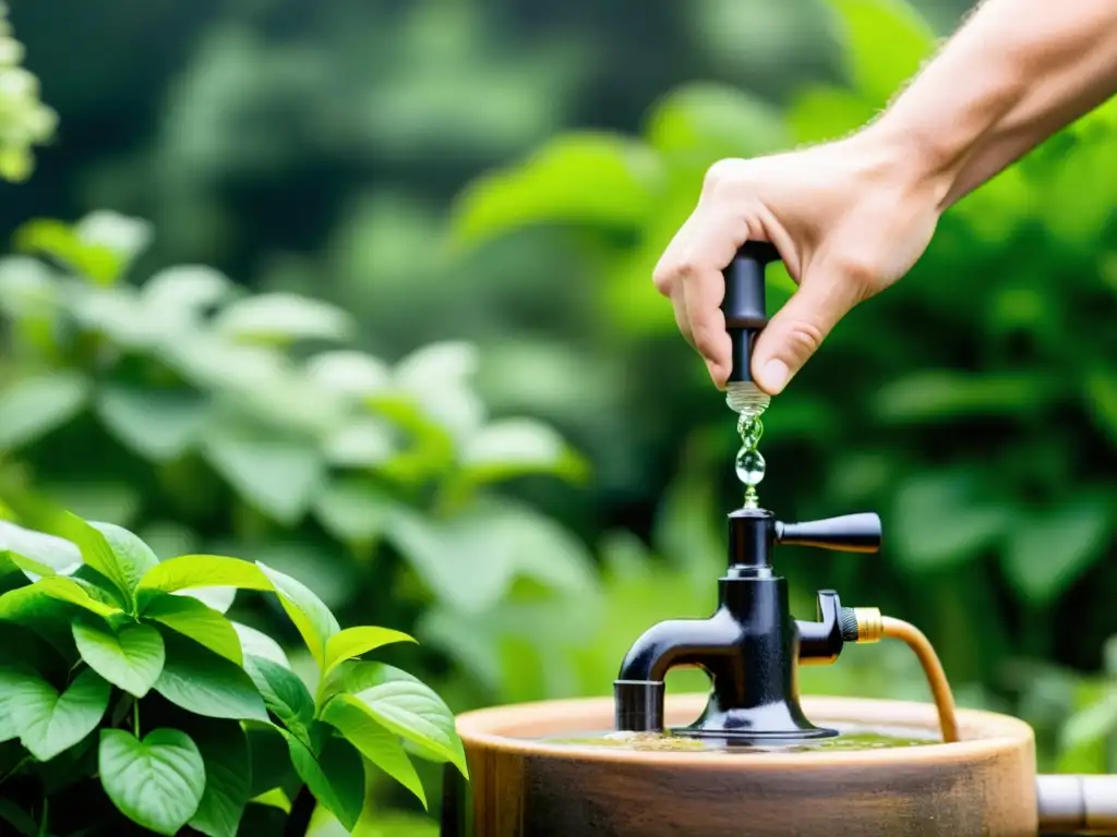 Mano bombeando agua en jardín exuberante Persona usando una bomba de agua manual en un exuberante jardín