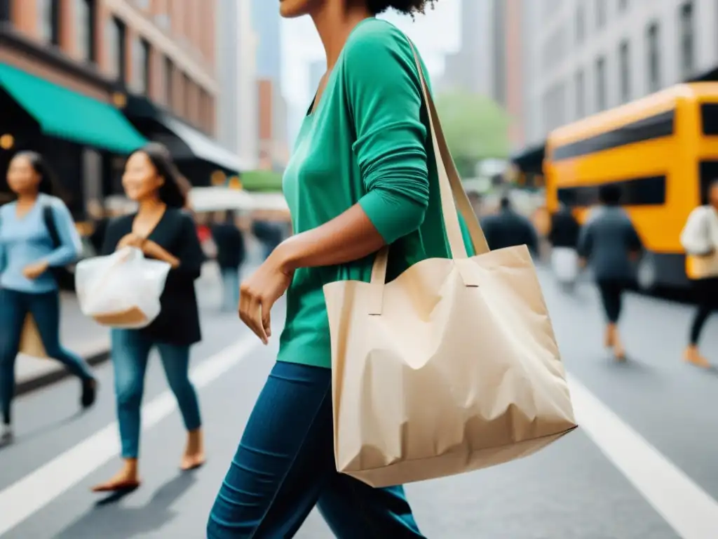 Una persona camina por la bulliciosa ciudad con una bolsa reutilizable, destacando los beneficios de usar bolsas reutilizables en contraste con el uso de plástico desechable